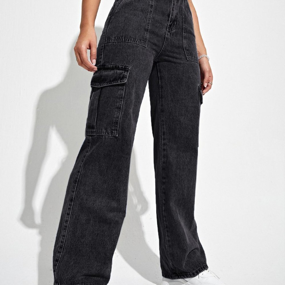 Black Casual Womens High Waist Flap Pocket Side Cargo Jeans - Picture 5 of 5